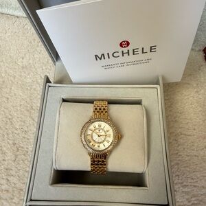 BEAUTIFUL MICHELE BRAND SERIN PETITE 18K A NEW GOLD PLATED DIAMOND WATCH